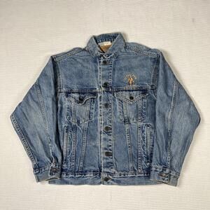 Vintage International Denim Trucker Jacket Mens Small Blue Gold's Gym Back Patch